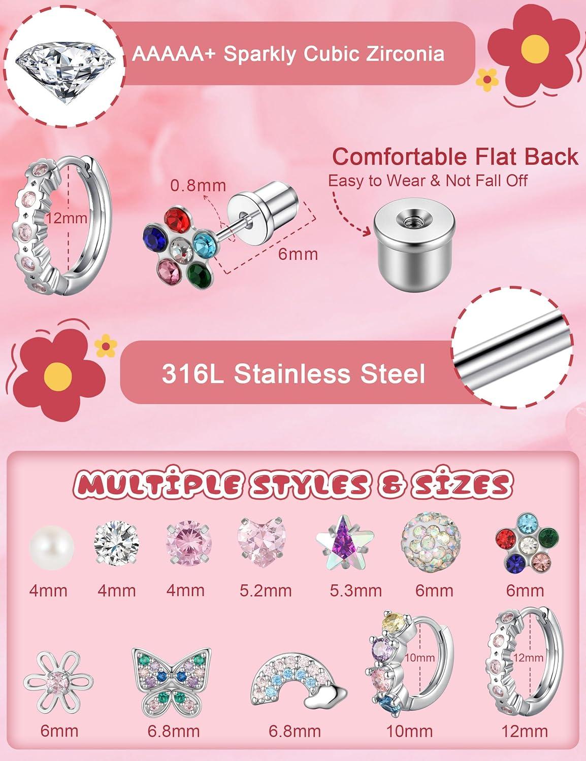 imageM MOOHAM Hypoallergenic Screw Back Earrings for Girls Kids Women Surgical Steel Flat Back Stud Earrings for Sensitive Ears Cute CZ Ball Heart Flower Screwback Toddler Stud Hoop Earrings Christmas Jewelry GiftSilver Plated