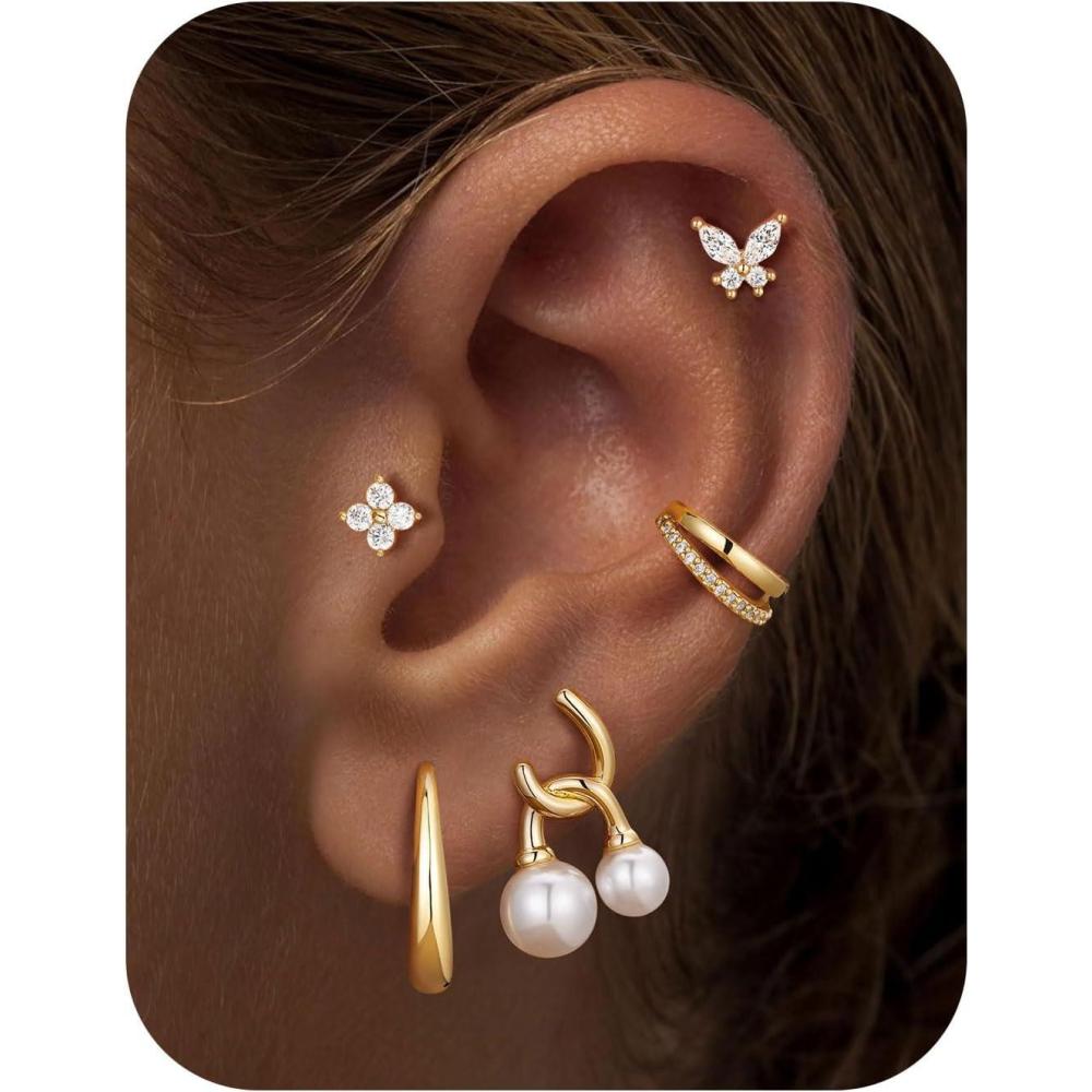 imageM MOOHAM 5 Pairs 14K Gold Plated Stud Earrings for Women Hypoallergenic Cartilage Earrings for Multiple Piercing Dainty Small Stackable Earrings Jewelry Set14K Gold Plated