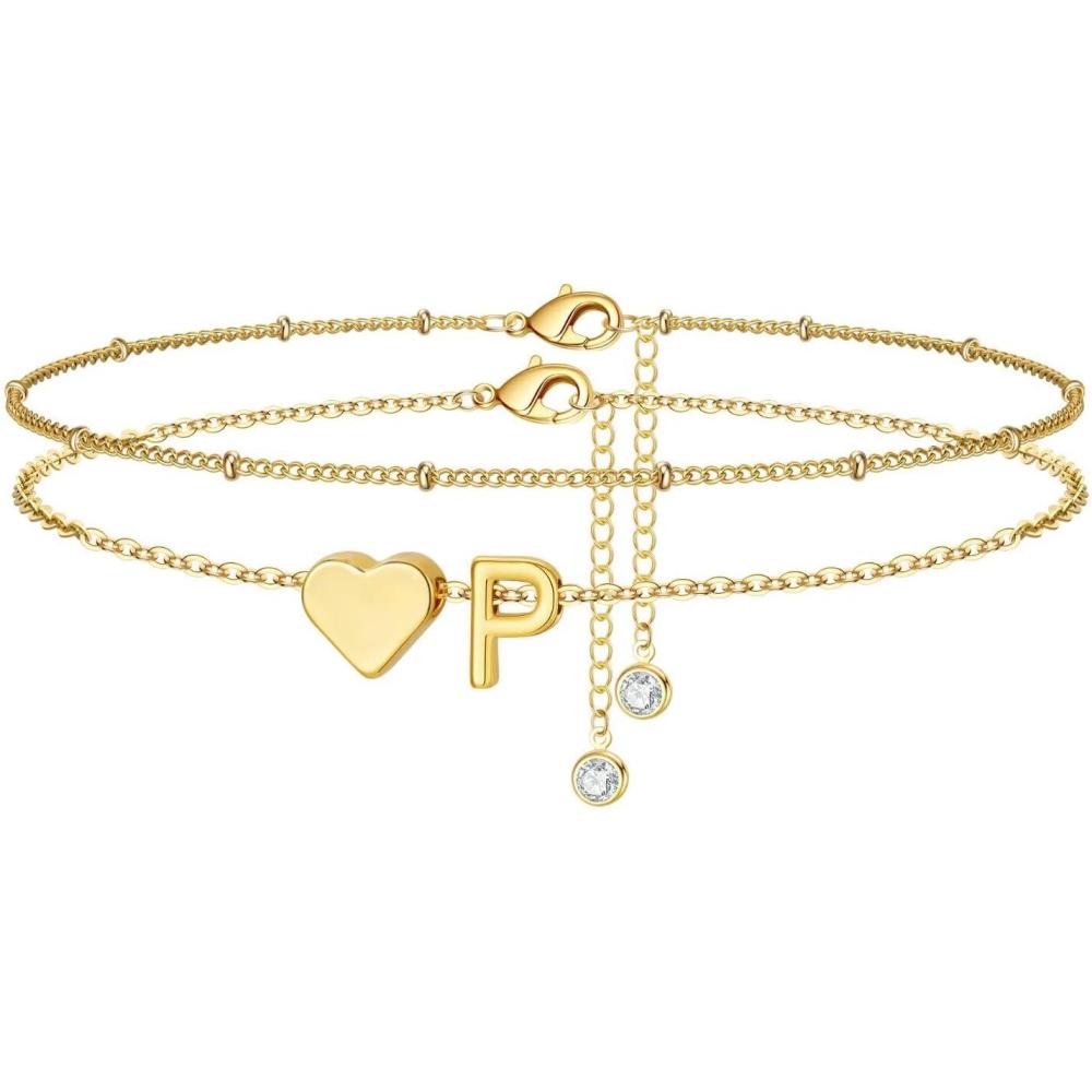 imageM MOOHAM Gold Initial Ankle Bracelets for Women Layered Heart Letter AZ Initial Dainty Gold Anklets for Women Waterproof Womens Anklets Jewelry Birthday Gifts JewelryP