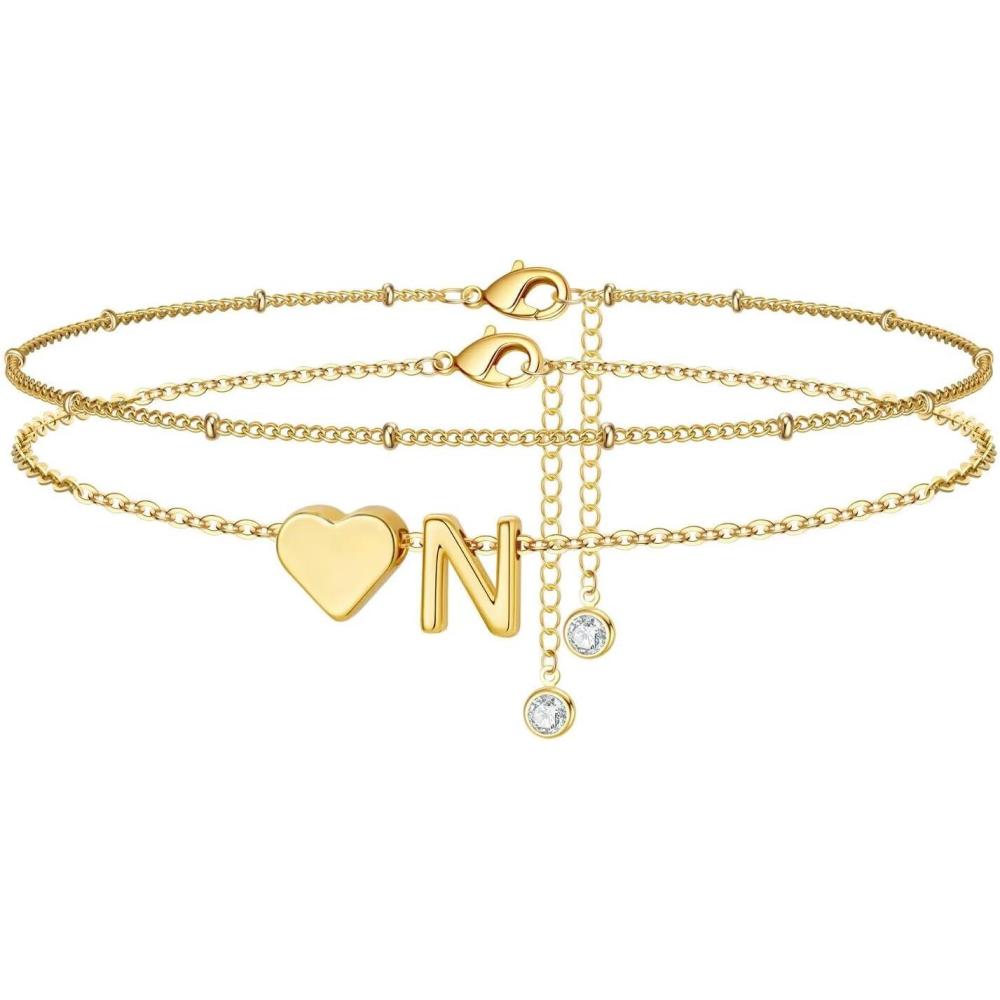 imageM MOOHAM Gold Initial Ankle Bracelets for Women Layered Heart Letter AZ Initial Dainty Gold Anklets for Women Waterproof Womens Anklets Jewelry Birthday Gifts JewelryN