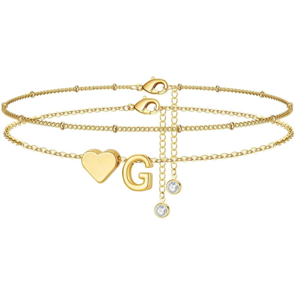 imageM MOOHAM Gold Initial Ankle Bracelets for Women Layered Heart Letter AZ Initial Dainty Gold Anklets for Women Waterproof Womens Anklets Jewelry Birthday Gifts JewelryG