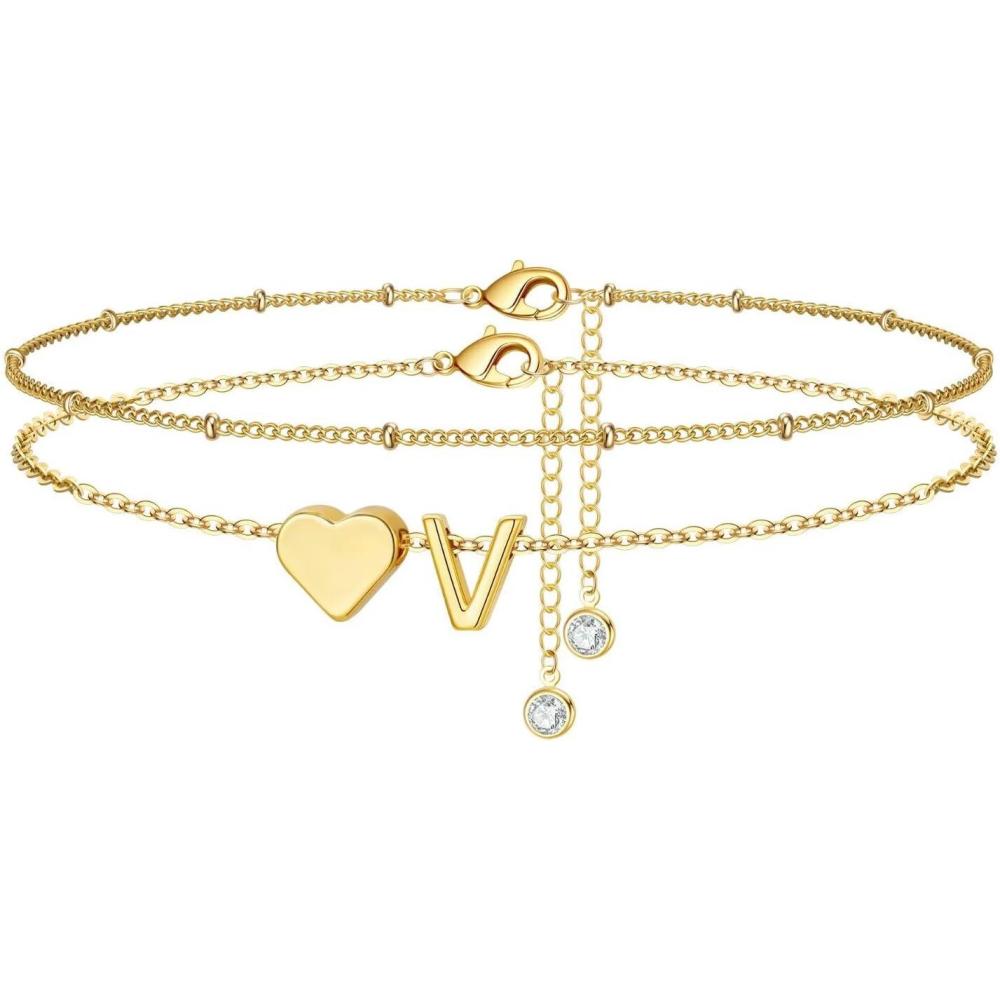 imageM MOOHAM Gold Initial Ankle Bracelets for Women Layered Heart Letter AZ Initial Dainty Gold Anklets for Women Waterproof Womens Anklets Jewelry Birthday Gifts JewelryV