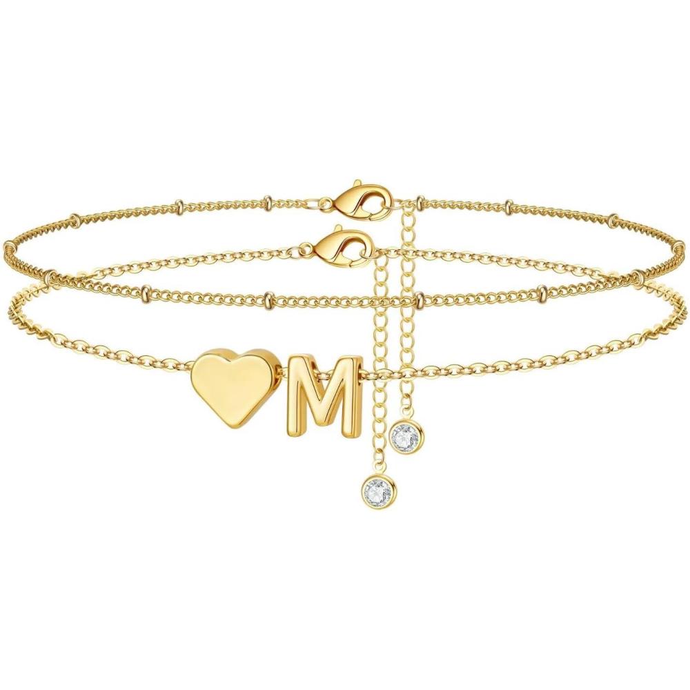 imageM MOOHAM Gold Initial Ankle Bracelets for Women Layered Heart Letter AZ Initial Dainty Gold Anklets for Women Waterproof Womens Anklets Jewelry Birthday Gifts JewelryM