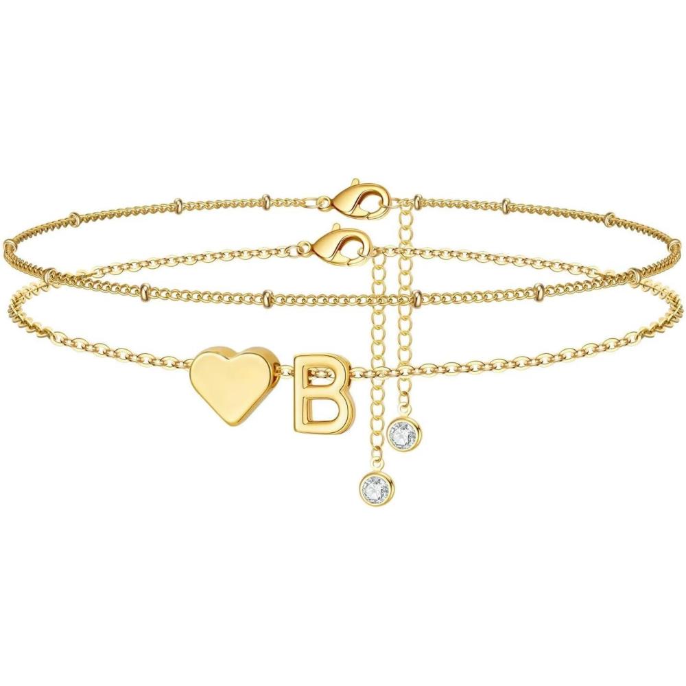 imageM MOOHAM Gold Initial Ankle Bracelets for Women Layered Heart Letter AZ Initial Dainty Gold Anklets for Women Waterproof Womens Anklets Jewelry Birthday Gifts JewelryB