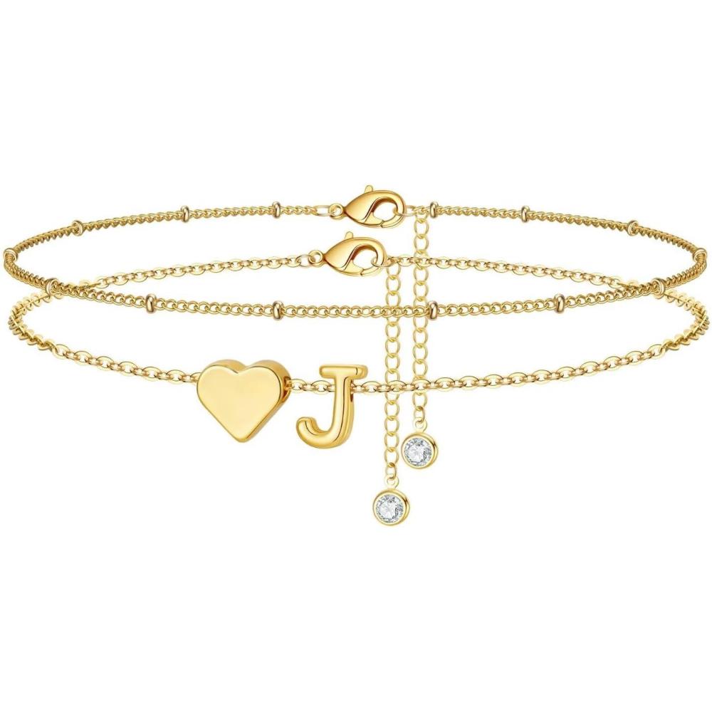 imageM MOOHAM Gold Initial Ankle Bracelets for Women Layered Heart Letter AZ Initial Dainty Gold Anklets for Women Waterproof Womens Anklets Jewelry Birthday Gifts JewelryJ