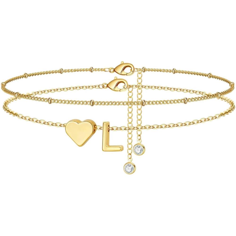 imageM MOOHAM Gold Initial Ankle Bracelets for Women Layered Heart Letter AZ Initial Dainty Gold Anklets for Women Waterproof Womens Anklets Jewelry Birthday Gifts JewelryL