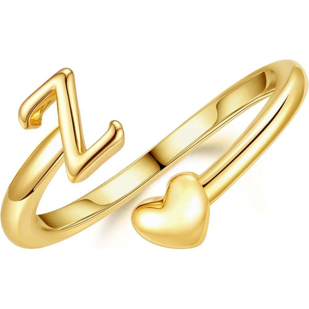 imageM MOOHAM Gold Rings for Women Girls 14K Gold Plate Initial Rings for Women Non Tarnish Letter A Z Dainty Heart Ring Adjustable Pinky Ring Personalized Jewelry GiftsZ