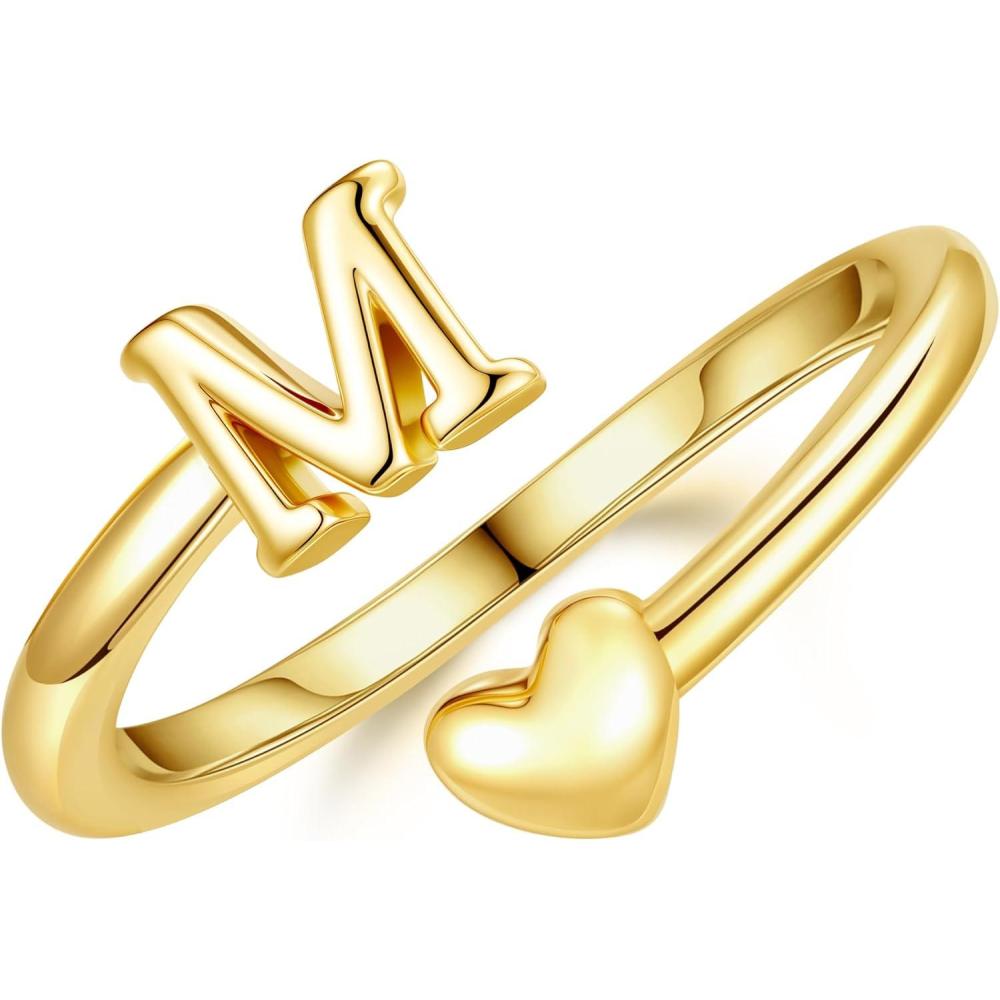 imageM MOOHAM Gold Rings for Women Girls 14K Gold Plate Initial Rings for Women Non Tarnish Letter A Z Dainty Heart Ring Adjustable Pinky Ring Personalized Jewelry GiftsM
