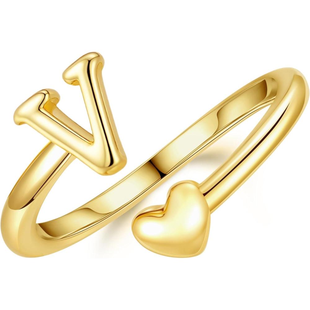 imageM MOOHAM Gold Rings for Women Girls 14K Gold Plate Initial Rings for Women Non Tarnish Letter A Z Dainty Heart Ring Adjustable Pinky Ring Personalized Jewelry GiftsV