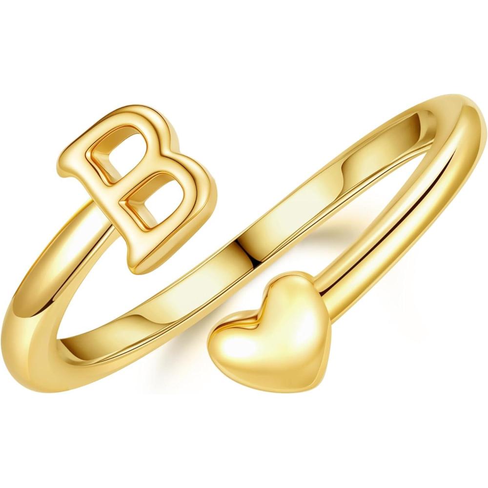 imageM MOOHAM Gold Rings for Women Girls 14K Gold Plate Initial Rings for Women Non Tarnish Letter A Z Dainty Heart Ring Adjustable Pinky Ring Personalized Jewelry GiftsB