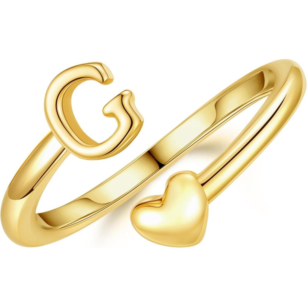 imageM MOOHAM Gold Rings for Women Girls 14K Gold Plate Initial Rings for Women Non Tarnish Letter A Z Dainty Heart Ring Adjustable Pinky Ring Personalized Jewelry GiftsG