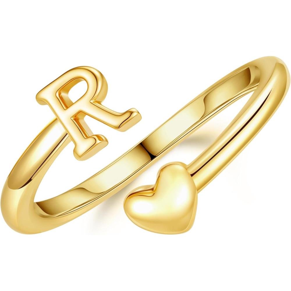imageM MOOHAM Gold Rings for Women Girls 14K Gold Plate Initial Rings for Women Non Tarnish Letter A Z Dainty Heart Ring Adjustable Pinky Ring Personalized Jewelry GiftsR