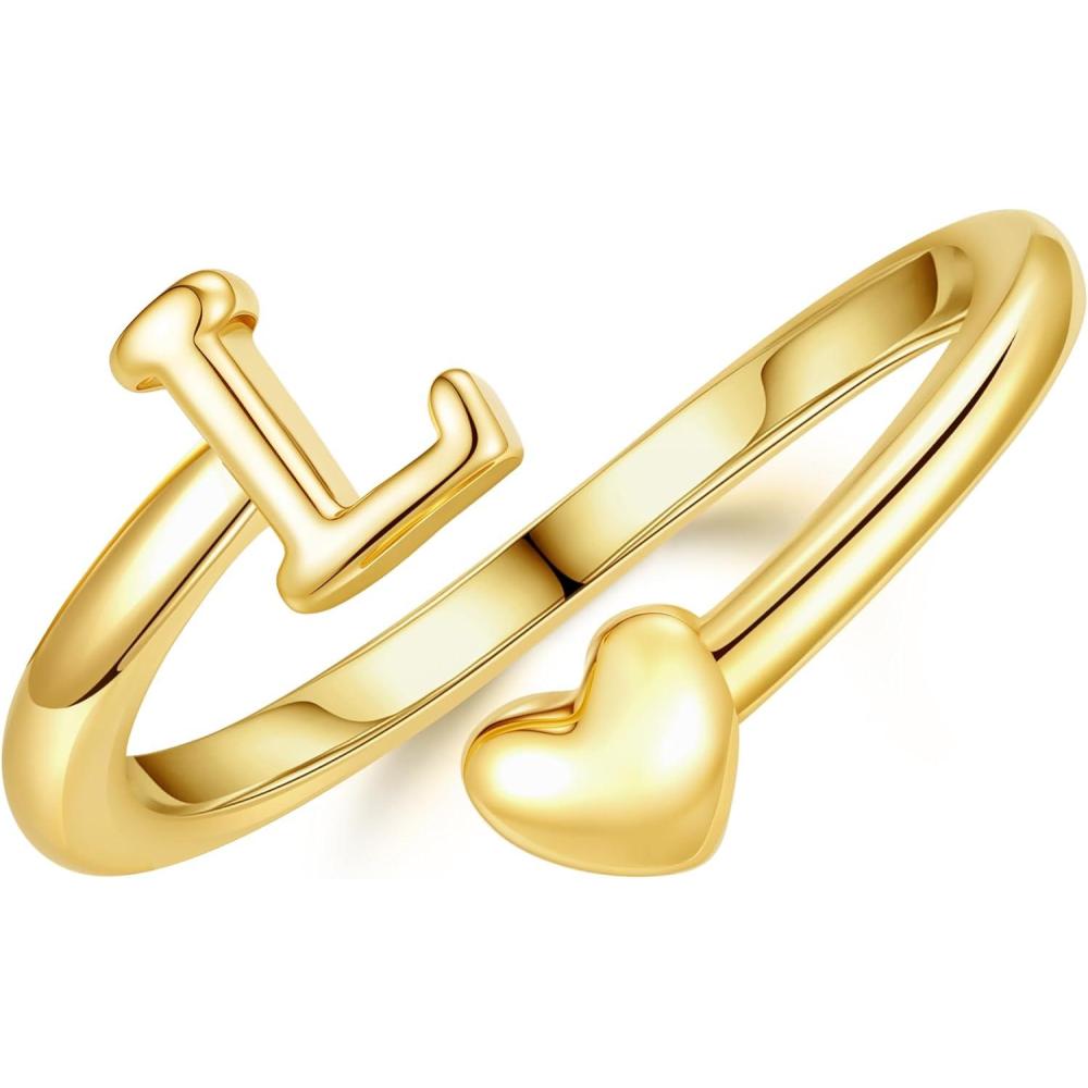 imageM MOOHAM Gold Rings for Women Girls 14K Gold Plate Initial Rings for Women Non Tarnish Letter A Z Dainty Heart Ring Adjustable Pinky Ring Personalized Jewelry GiftsL