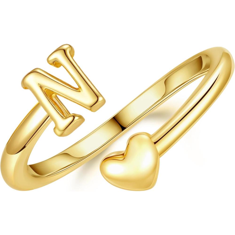 imageM MOOHAM Gold Rings for Women Girls 14K Gold Plate Initial Rings for Women Non Tarnish Letter A Z Dainty Heart Ring Adjustable Pinky Ring Personalized Jewelry GiftsN