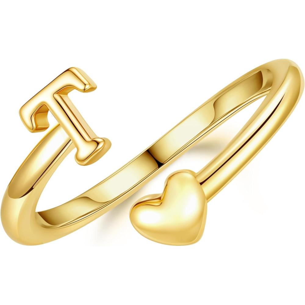 imageM MOOHAM Gold Rings for Women Girls 14K Gold Plate Initial Rings for Women Non Tarnish Letter A Z Dainty Heart Ring Adjustable Pinky Ring Personalized Jewelry GiftsT