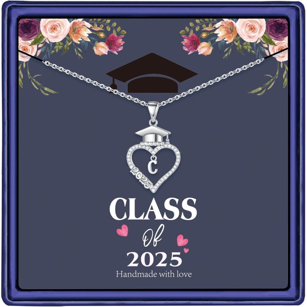imageM MOOHAM Graduation Gifts for Her 2025 14K White Gold Plated CZ Graduation Cap Heart Pendant Initial Necklaces for Women Teen Girls High School College Graduation Gifts for HerC
