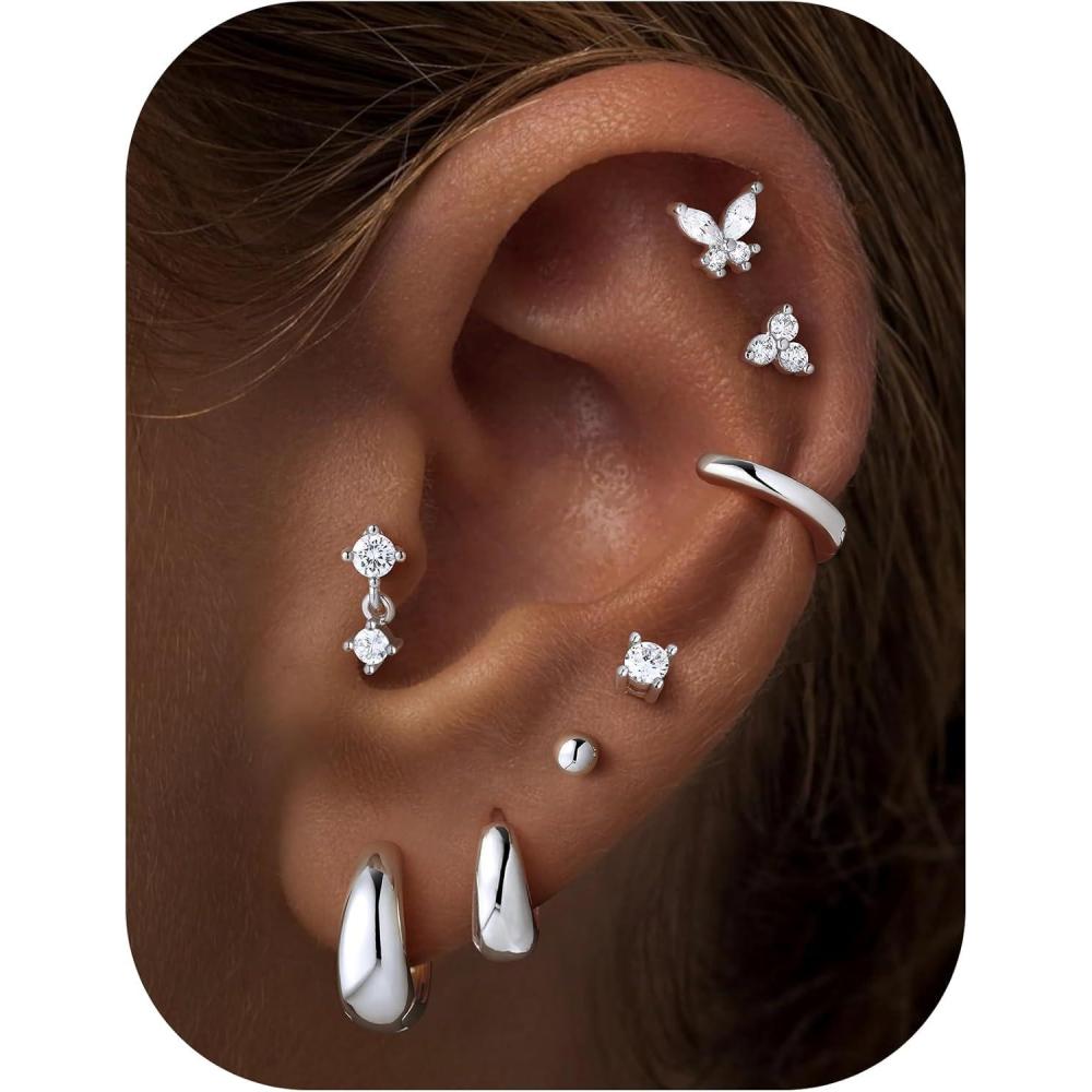 imageM MOOHAM Hypoallergenic 14K Gold Plated Hoop Stud Earrings for Women Surgical Stainless Steel Flat Back Earrings Small Chunky Huggie Hoops Cartilage Earring Stacks for Multiple Piercing Christmas Stocking StufferSilver Plated