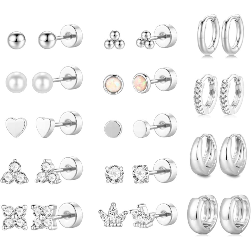 imageM MOOHAM Hypoallergenic Flatback Stud Hoop Earrings for Women Surgical Stainless Steel 14K Gold Plated Earrings Trendy Small Hoops Cartilage Earring Stacks Huggie Earring Set for Multiple Piercing Christmas Stocking StufferSilver Plated