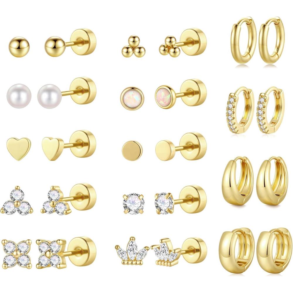 imageM MOOHAM Hypoallergenic Flatback Stud Hoop Earrings for Women Surgical Stainless Steel 14K Gold Plated Earrings Trendy Small Hoops Cartilage Earring Stacks Huggie Earring Set for Multiple Piercing Christmas Stocking Stuffer14K Gold Plated