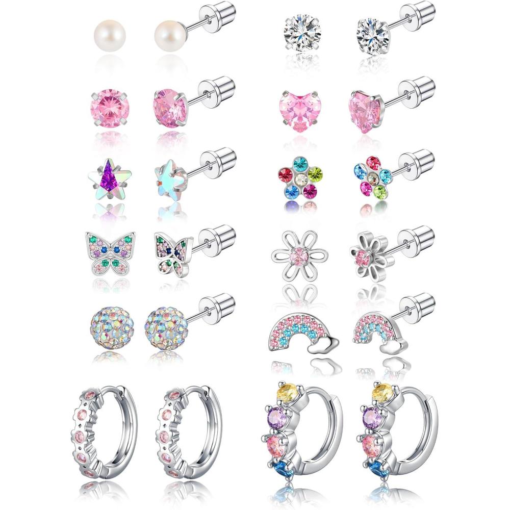 imageM MOOHAM Hypoallergenic Screw Back Earrings for Girls Kids Women Surgical Steel Flat Back Stud Earrings for Sensitive Ears Cute CZ Ball Heart Flower Screwback Toddler Stud Hoop Earrings Christmas Jewelry GiftSilver Plated