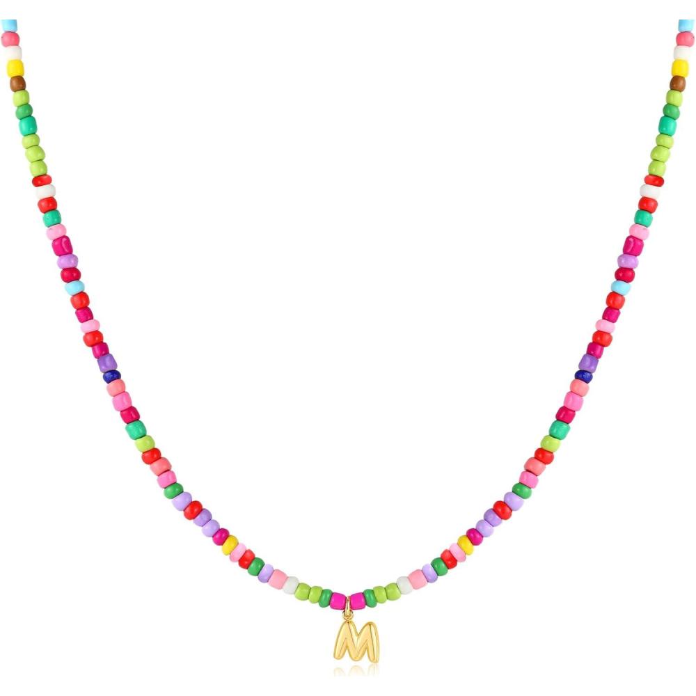imageM MOOHAM Stocking Stuffers for Girls Kids  Colorful Beaded Initial Necklaces for Women Girls Jewelry Cute Dainty Bead Bohemian Letter Necklace Birthday Christmas Gifts for Kids Girl WomenM