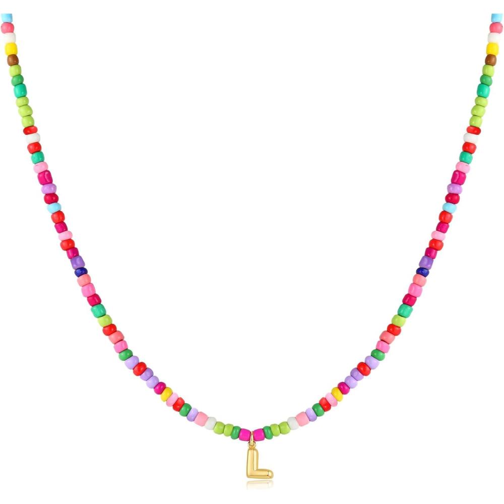 imageM MOOHAM Stocking Stuffers for Girls Kids  Colorful Beaded Initial Necklaces for Women Girls Jewelry Cute Dainty Bead Bohemian Letter Necklace Birthday Christmas Gifts for Kids Girl WomenL