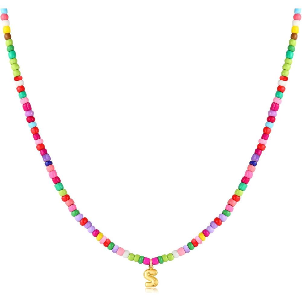 imageM MOOHAM Stocking Stuffers for Girls Kids  Colorful Beaded Initial Necklaces for Women Girls Jewelry Cute Dainty Bead Bohemian Letter Necklace Birthday Christmas Gifts for Kids Girl WomenS
