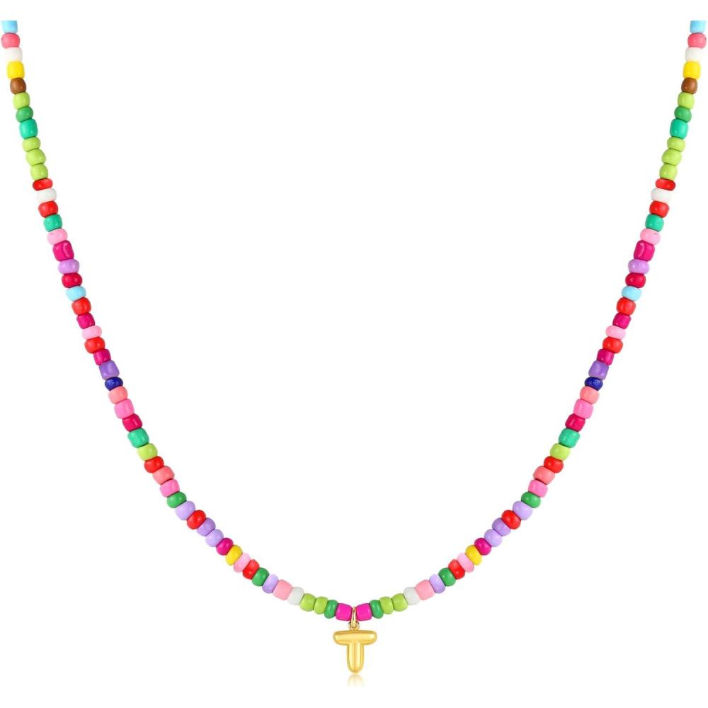 imageM MOOHAM Stocking Stuffers for Girls Kids  Colorful Beaded Initial Necklaces for Women Girls Jewelry Cute Dainty Bead Bohemian Letter Necklace Birthday Christmas Gifts for Kids Girl WomenT