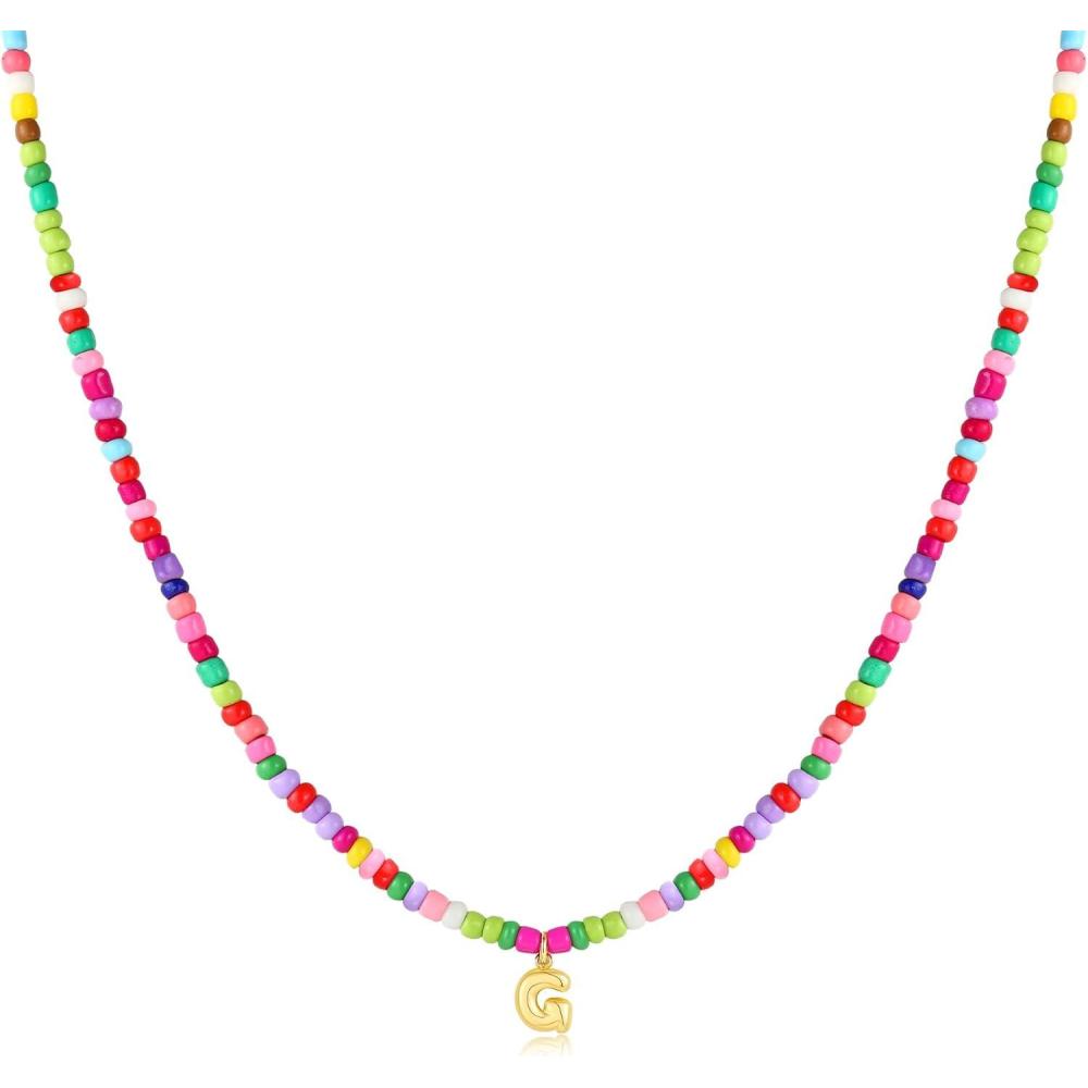 imageM MOOHAM Stocking Stuffers for Girls Kids  Colorful Beaded Initial Necklaces for Women Girls Jewelry Cute Dainty Bead Bohemian Letter Necklace Birthday Christmas Gifts for Kids Girl WomenG