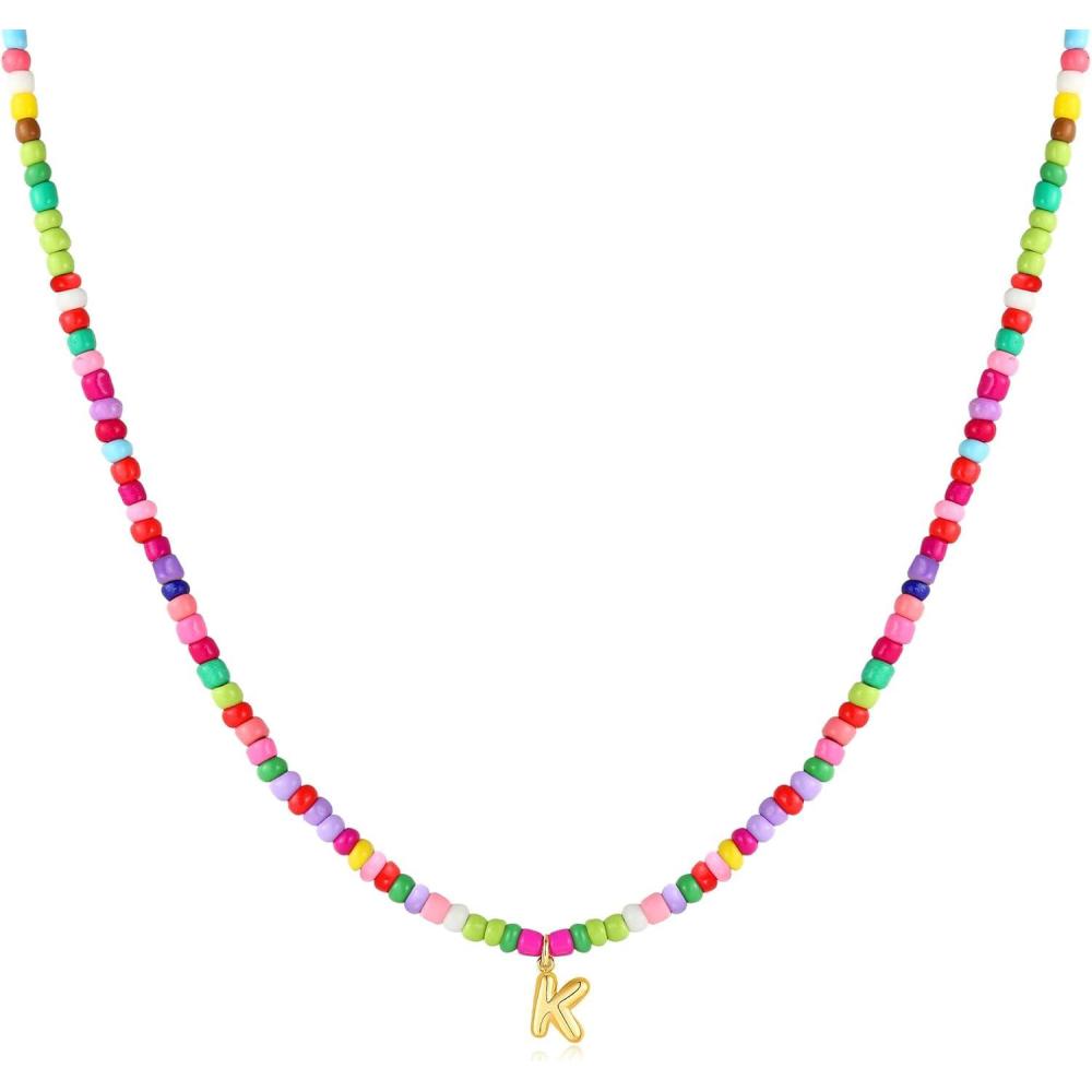 imageM MOOHAM Stocking Stuffers for Girls Kids  Colorful Beaded Initial Necklaces for Women Girls Jewelry Cute Dainty Bead Bohemian Letter Necklace Birthday Christmas Gifts for Kids Girl WomenK