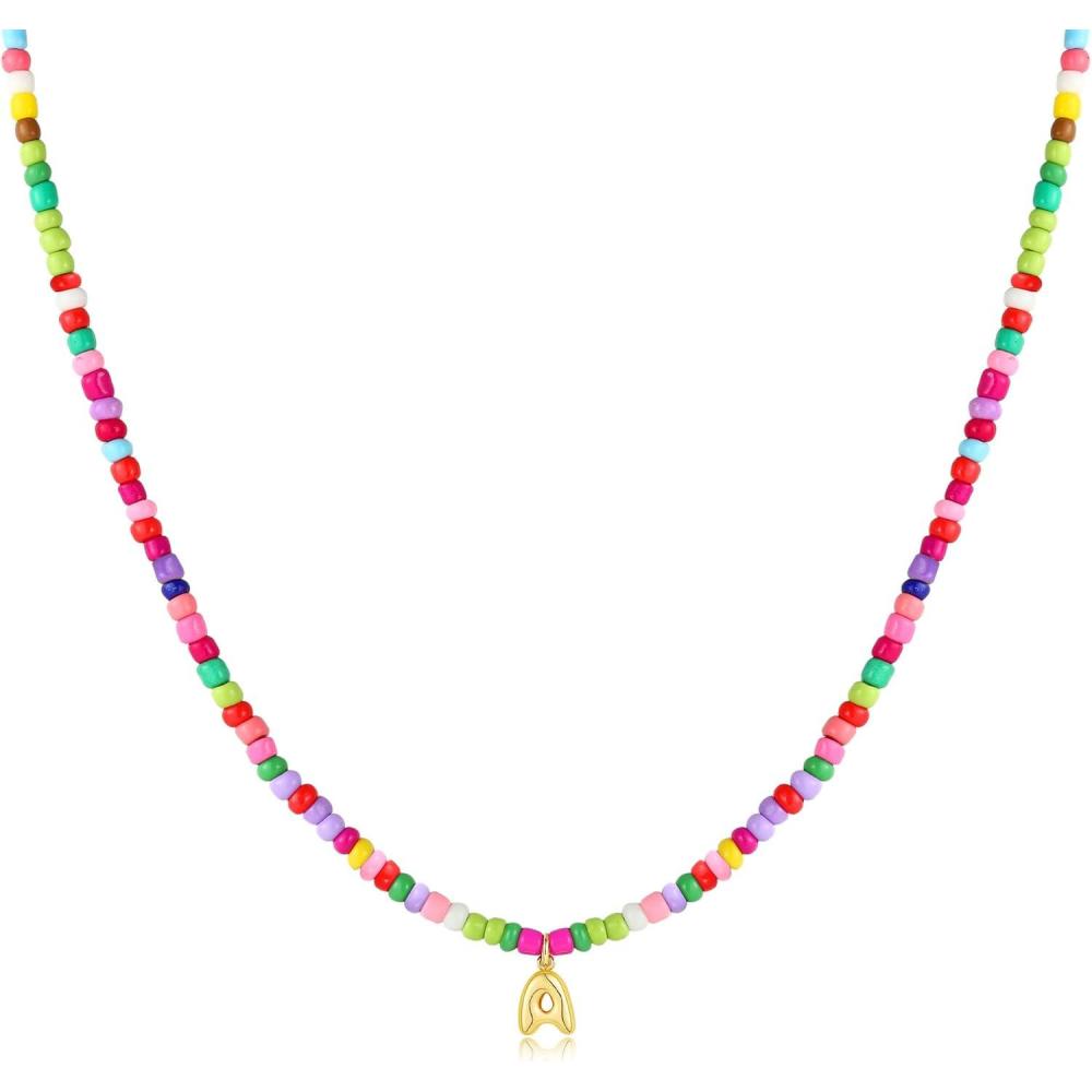 imageM MOOHAM Stocking Stuffers for Girls Kids  Colorful Beaded Initial Necklaces for Women Girls Jewelry Cute Dainty Bead Bohemian Letter Necklace Birthday Christmas Gifts for Kids Girl WomenA