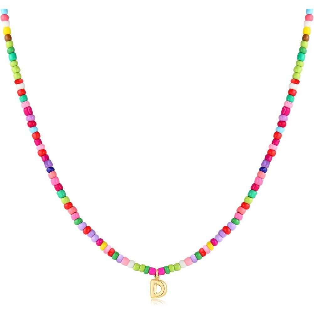 imageM MOOHAM Stocking Stuffers for Girls Kids  Colorful Beaded Initial Necklaces for Women Girls Jewelry Cute Dainty Bead Bohemian Letter Necklace Birthday Christmas Gifts for Kids Girl WomenD