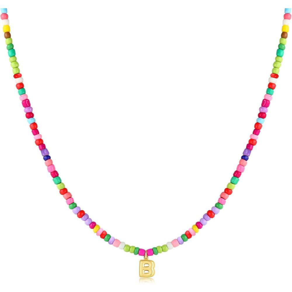 imageM MOOHAM Stocking Stuffers for Girls Kids  Colorful Beaded Initial Necklaces for Women Girls Jewelry Cute Dainty Bead Bohemian Letter Necklace Birthday Christmas Gifts for Kids Girl WomenB