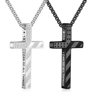 M MOOHAM 2 Pcs Silver Black Cross Necklace for Men Boys – Stainless Steel Bible Verse Cross Chain Pendant Necklaces for Men American Flag Religious Christian First Communion Jewelry Gift 18-24 Inches(20inch)