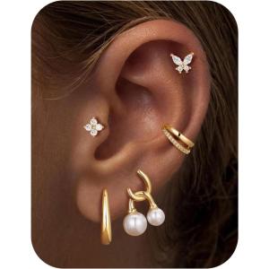 M MOOHAM 5 Pairs 14K Gold Plated Stud Earrings for Women, Hypoallergenic Cartilage Earrings for Multiple Piercing, Dainty Small Stackable Earrings Jewelry Set(14K Gold Plated)