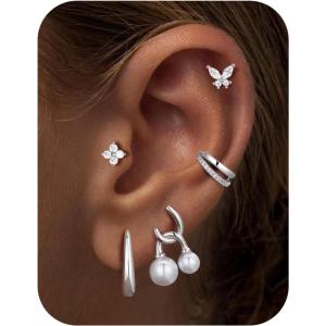 M MOOHAM 5 Pairs 14K Gold Plated Stud Earrings for Women, Hypoallergenic Cartilage Earrings for Multiple Piercing, Dainty Small Stackable Earrings Jewelry Set(Silver Plated)