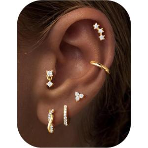 M MOOHAM 6 Pairs Hypoallergenic Stud Hoop Earrings for Women Men Surgical Stainless Steel Flat Back Earrings Non Tarnish 14K Gold Plated Huggie Hoops Cartilage Earring Set for Multiple Piercing(14K Gold Plated)