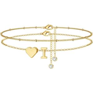 M MOOHAM Gold Initial Ankle Bracelets for Women – Layered Heart Letter A-Z Initial Dainty Gold Anklets for Women Waterproof, Womens Anklets Jewelry Birthday Gifts Jewelry(I)