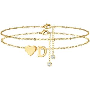 M MOOHAM Gold Initial Ankle Bracelets for Women – Layered Heart Letter A-Z Initial Dainty Gold Anklets for Women Waterproof, Womens Anklets Jewelry Birthday Gifts Jewelry(D)