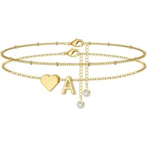 M MOOHAM Gold Initial Ankle Bracelets for Women – Layered Heart Letter A-Z Initial Dainty Gold Anklets for Women Waterproof, Womens Anklets Jewelry Birthday Gifts Jewelry(A’)