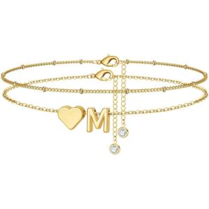 M MOOHAM Gold Initial Ankle Bracelets for Women – Layered Heart Letter A-Z Initial Dainty Gold Anklets for Women Waterproof, Womens Anklets Jewelry Birthday Gifts Jewelry(M)