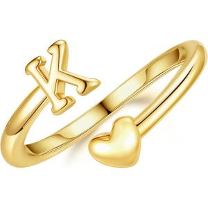 M MOOHAM Gold Rings for Women Girls – 14K Gold Plate Initial Rings for Women Non Tarnish Letter A- Z Dainty Heart Ring Adjustable Pinky Ring Personalized Jewelry Gifts(K)