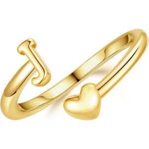 M MOOHAM Gold Rings for Women Girls – 14K Gold Plate Initial Rings for Women Non Tarnish Letter A- Z Dainty Heart Ring Adjustable Pinky Ring Personalized Jewelry Gifts(J)