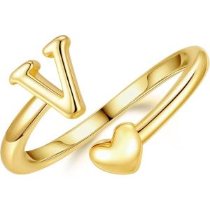 M MOOHAM Gold Rings for Women Girls – 14K Gold Plate Initial Rings for Women Non Tarnish Letter A- Z Dainty Heart Ring Adjustable Pinky Ring Personalized Jewelry Gifts(V)