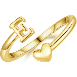 M MOOHAM Gold Rings for Women Girls – 14K Gold Plate Initial Rings for Women Non Tarnish Letter A- Z Dainty Heart Ring Adjustable Pinky Ring Personalized Jewelry Gifts(E)