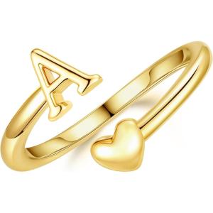 M MOOHAM Gold Rings for Women Girls – 14K Gold Plate Initial Rings for Women Non Tarnish Letter A- Z Dainty Heart Ring Adjustable Pinky Ring Personalized Jewelry Gifts(A’)