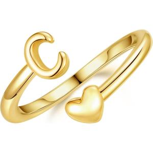 M MOOHAM Gold Rings for Women Girls – 14K Gold Plate Initial Rings for Women Non Tarnish Letter A- Z Dainty Heart Ring Adjustable Pinky Ring Personalized Jewelry Gifts(C)