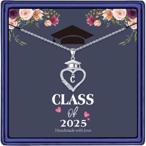 M MOOHAM Graduation Gifts for Her 2025, 14K White Gold Plated CZ Graduation Cap Heart Pendant Initial Necklaces for Women Teen Girls High School College Graduation Gifts for Her(C)