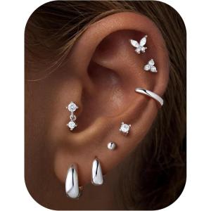 M MOOHAM Hypoallergenic 14K Gold Plated Hoop Stud Earrings for Women Surgical Stainless Steel Flat Back Earrings Small Chunky Huggie Hoops Cartilage Earring Stacks for Multiple Piercing Christmas Stocking Stuffer(Silver Plated)