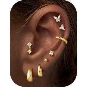 M MOOHAM Hypoallergenic 14K Gold Plated Hoop Stud Earrings for Women Surgical Stainless Steel Flat Back Earrings Small Chunky Huggie Hoops Cartilage Earring Stacks for Multiple Piercing Christmas Stocking Stuffer(14K Gold Plated)